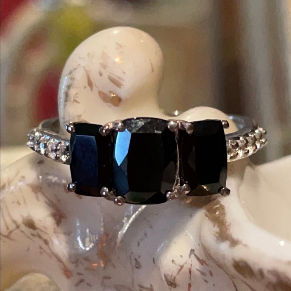Black JADE & Zircon Trilogy Ring 925 Sterling